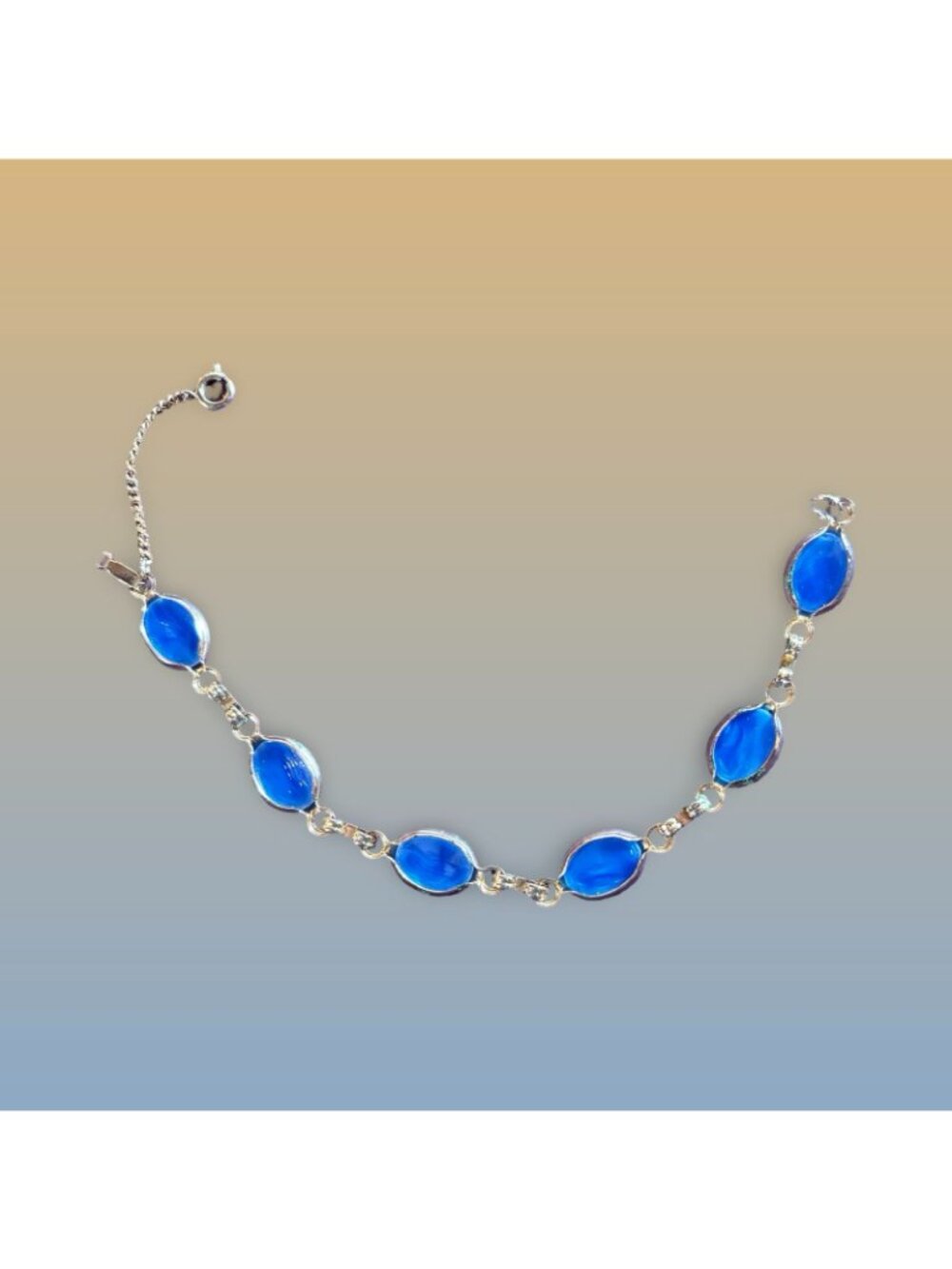 Blue Star Glass Oval Link Bracelet With Gold-Tone Chain & Clasp Vintage Gift - Picture 6 of 9